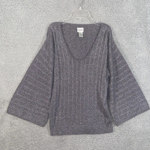 Chico's Top Womens 2 Gray Glitter V Neck Knit Batwing Sleeve Casual Blouse - Picture 1 of 11